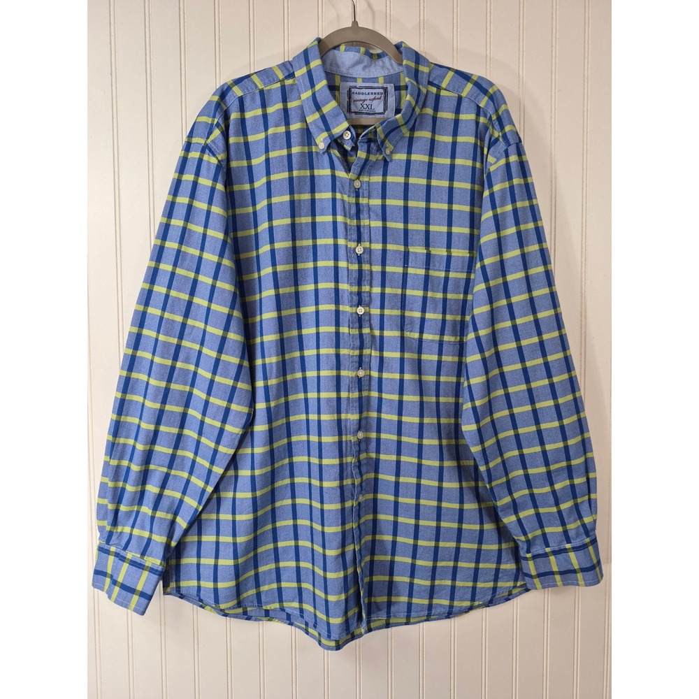 Saddlebred Mens XXL Vintage Oxford Shirt Blue Lime Plaid Long Sleeve Cotton